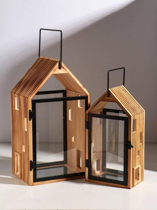 Подсвечник дерево "Дом с панорамным окном" набор 2 шт 10х15х28,5 15х20х36 см