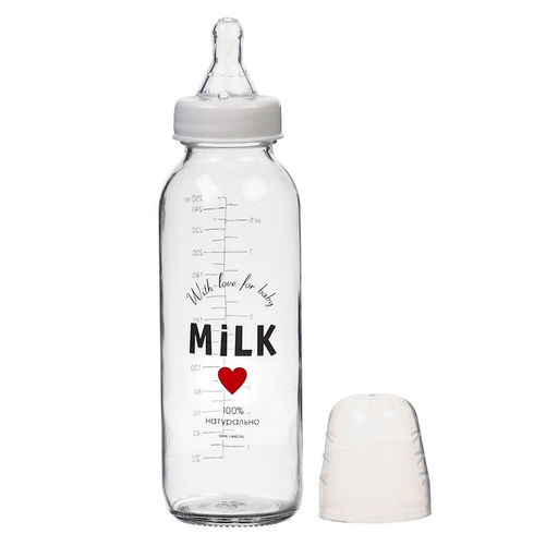 Бутылочка для кормления M&B Milk, классическое горло, от 3 мес., 250 мл., стеклянная