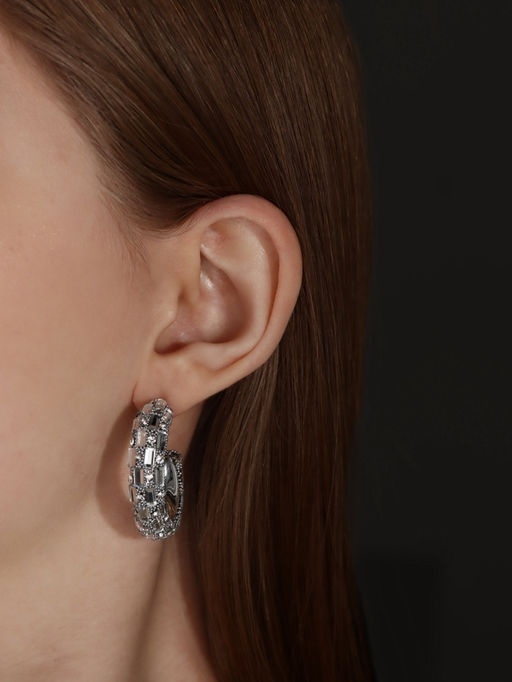 Серьги со стразами QF Блеск прямоугольники, 3.5?3?1 см, белый в серебре