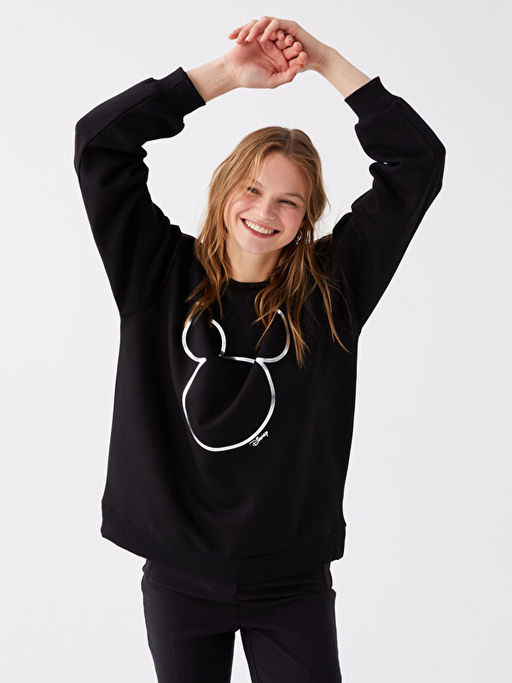 Bisiklet Yaka Mickey Mouse Bask?l? Uzun Kollu Kad?n Sweatshirt