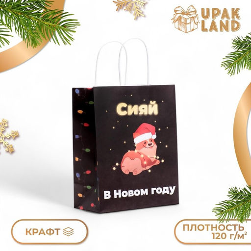Пакет бумажный подарочный новогодний крафт «Сияй», 27×21×11 см