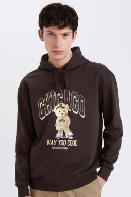 Boxy Fit Kapusonlu Bask?l? Sweatshirt