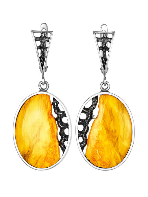 Эксклюзивные серьги Модерн со вставками текстурированного медового янтаря