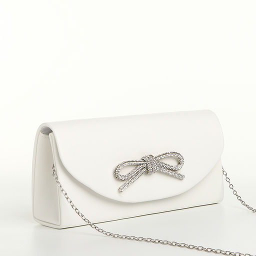 Сумка-клатч женская вечерняя на магните, на длинной цепочке, с декоративным бантом, белая