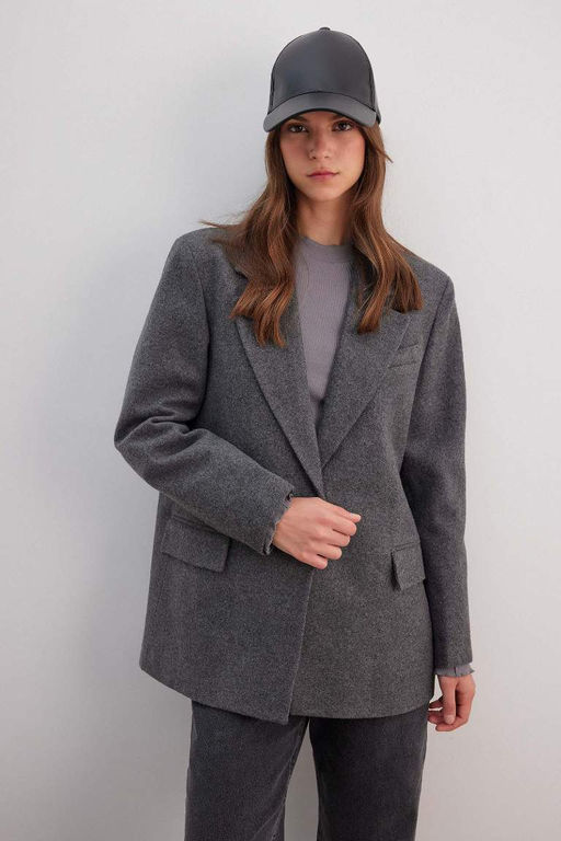 Фланелевая куртка-блейзер стандартного кроя с воротником - Defacto фото 2