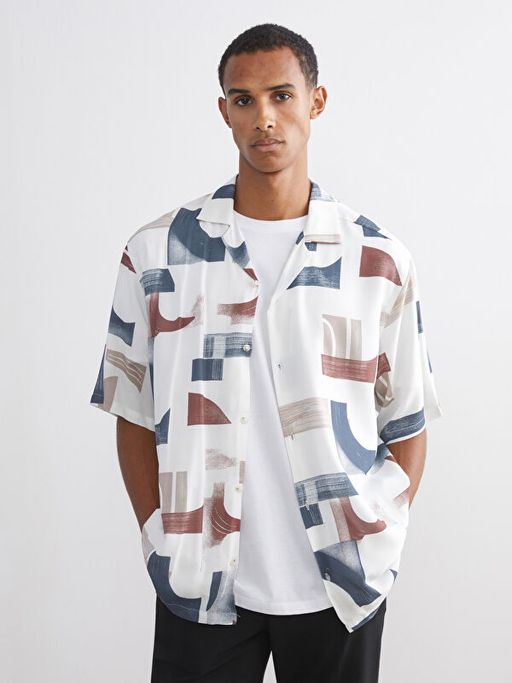 Resort Yaka K?sa Kollu Desenli Viskon Erkek G?mlek