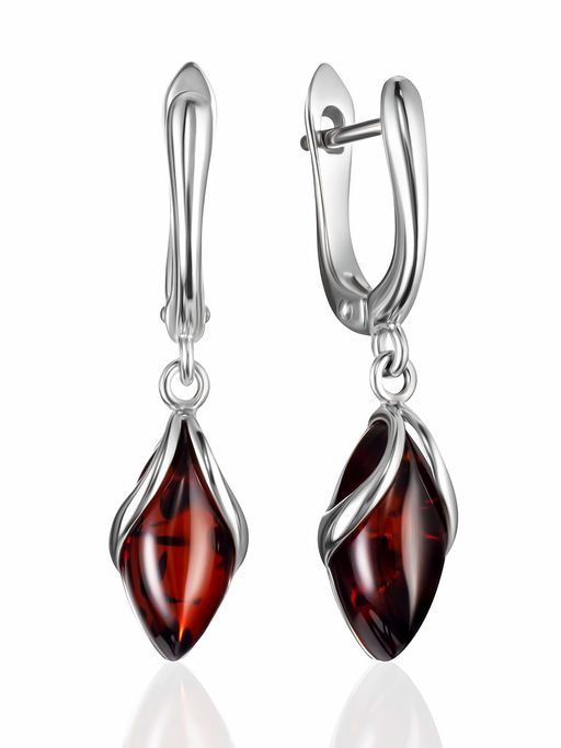 Лёгкие изящные серьги из янтаря вишнёвого цвета Подснежник
