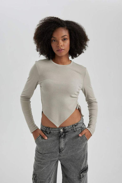 Асимметричная футболка с длинным рукавом и круглым вырезом в рубчик - Defacto фото 6