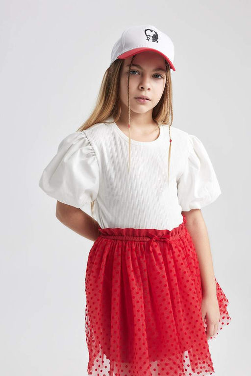 Белая футболка облегающего кроя с круглым вырезом в рубчик и короткими рукавами для девочек - Defacto фото 6