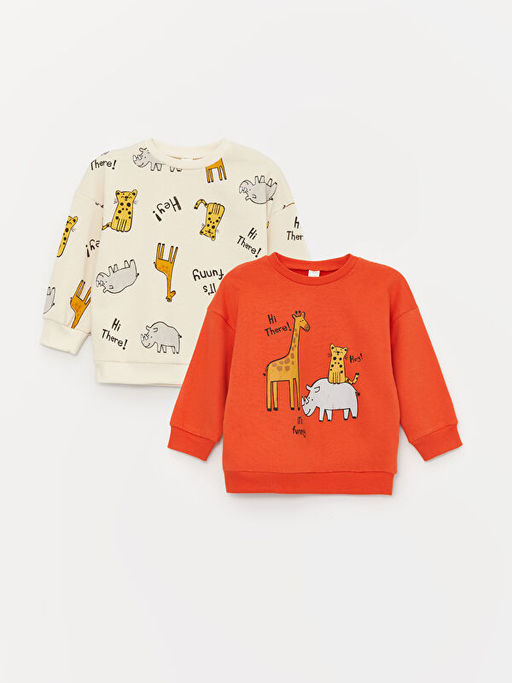 Bisiklet Yaka Uzun Kollu Bask?l? Erkek Bebek Sweatshirt 2li
