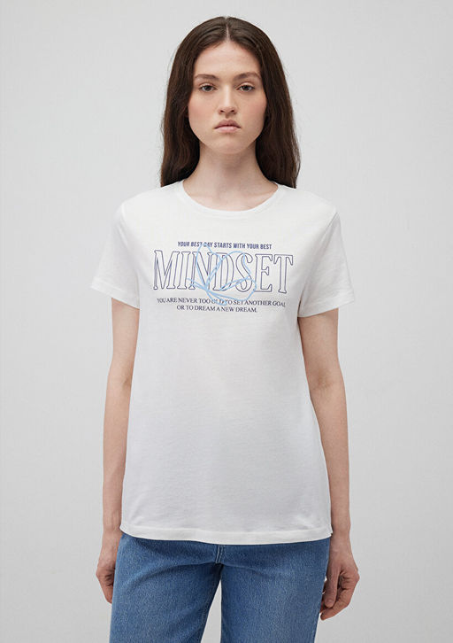 Bask?l? Beyaz Tisort - Mavi фото 3