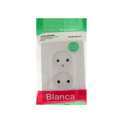 Розетка двойная SE Blanca, 250 В, 16 А, IP20, встраиваемая, без заземления, белая, BLNRS000021