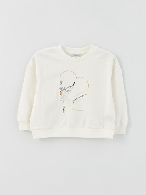 Bisiklet Yaka Bask?l? Uzun Kollu K?z ?ocuk Sweatshirt