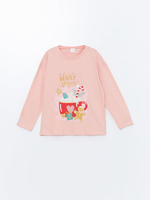 Bisiklet Yaka Bask?l? Uzun Kollu K?z ?ocuk Pijama Tak?m?