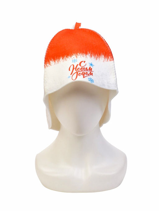 Набор для бани с принтом С новым годом!, 5 предметов: шапка, рукавица, тапочки, коврик, войлок, красный, Банная забава  фото 9