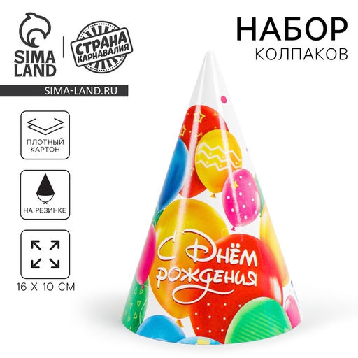 Колпак бумажный «С днем рождения», шарики, набор 6 шт.