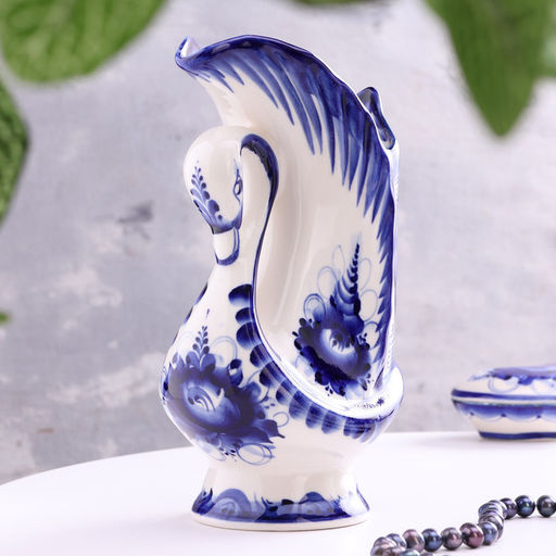 Ваза гжель «Лебедь», бело-синяя, керамика, 22×12 см,