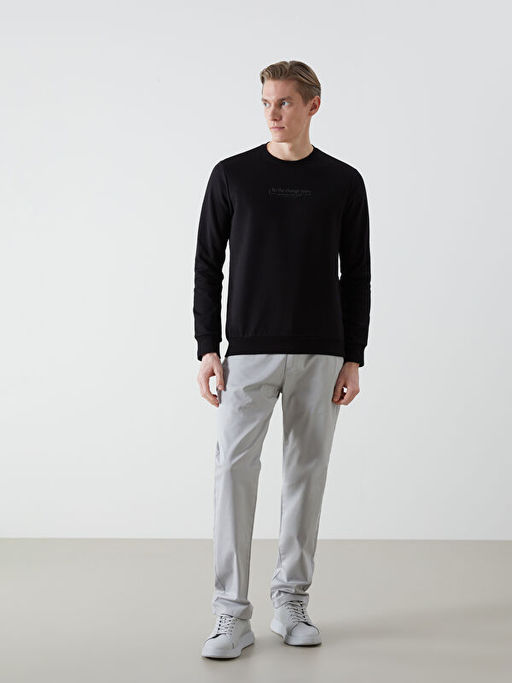 Bisiklet Yaka Bask?l? Erkek Kal?n Sweatshirt