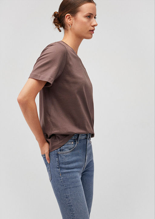 Pamuklu Merserize Bisiklet Yaka Mor Basic Tisort - Mavi фото 2