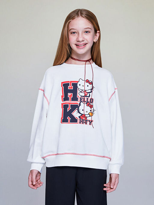 Bisiklet Yaka Hello Kitty Bask?l? K?z ?ocuk Sweatshirt