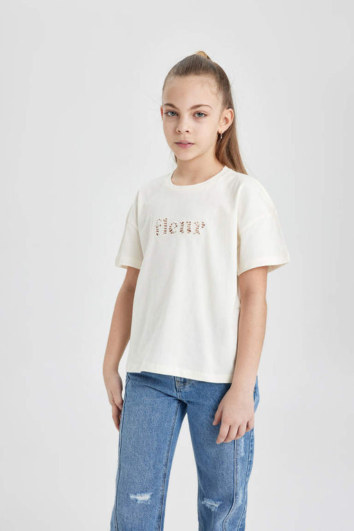 Футболка с коротким рукавом с принтом для девочек - Defacto фото 3