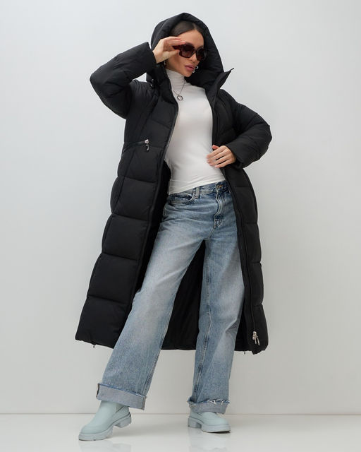 Пальто зимнее утепленное с капюшоном женское черного цвета 7729Ch - Visdeer фото 2