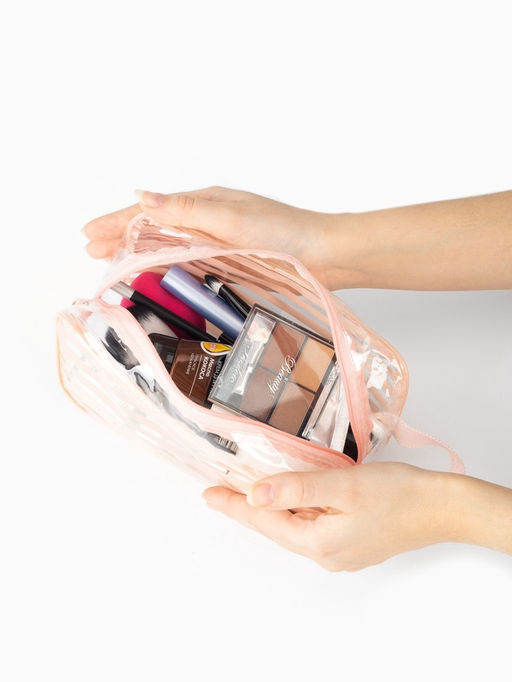 Косметичка на молнии для бассейна, с ручкой, матовая, средний размер, в полоску, розовая