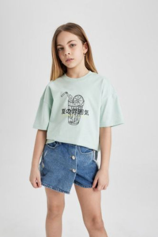 K?z Cocuk Oversize Genis Kal?p Bisiklet Yaka Bask?l? K?sa Kollu Tisort