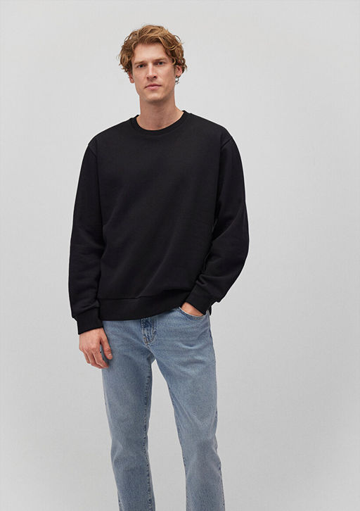 Bisiklet Yaka Siyah Basic Sweatshirt - Mavi фото 2