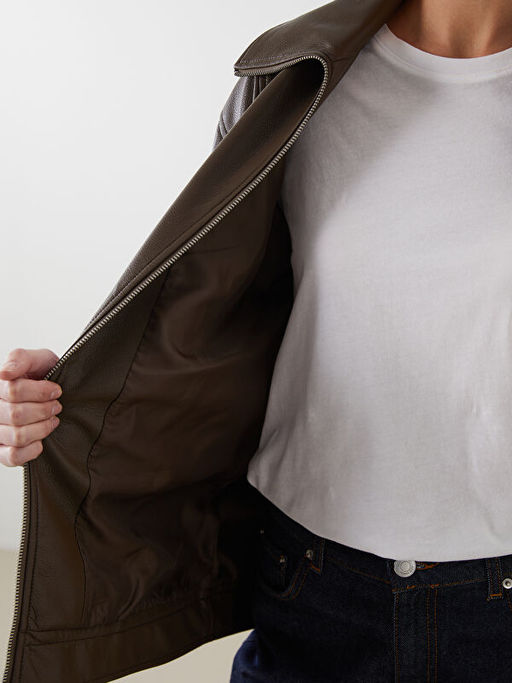 Oversize Kad?n Deri G?r?n?ml? Ceket