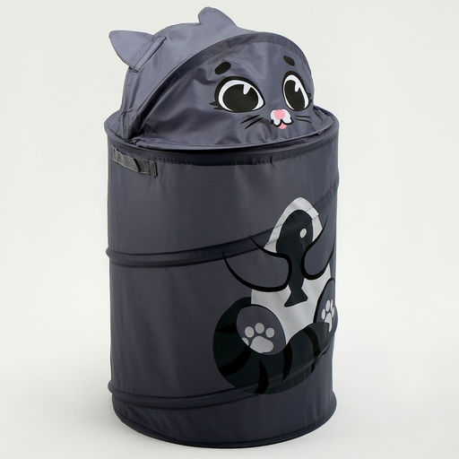 Корзина для хранения игрушек «Котик с рыбкой» с ручками и крышкой, 55 х 33 х 33 см, серая