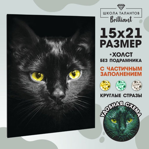 Алмазная мозаика с частичным заполнением на холсте «Чёрный кот», 15×21 см