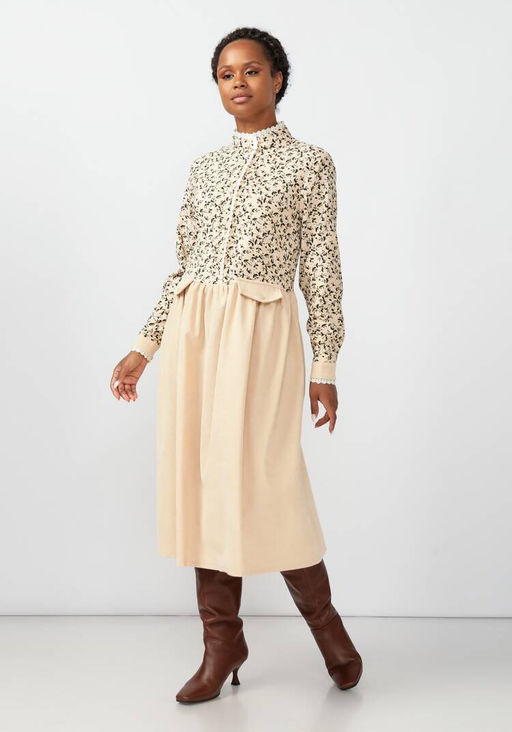 Платье из комбинированной вельветовой ткани, Бежевый