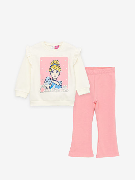 Bisiklet Yaka Sindirella Bask?l? Uzun Kollu K?z Bebek Sweatshirt ve Tayt