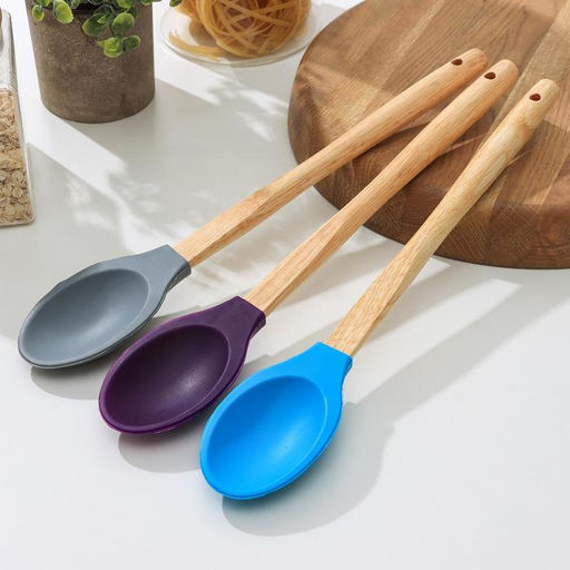 Ложка силиконовая гарнирная Доляна Бамбук, 34 см, цвет МИКС фото 3