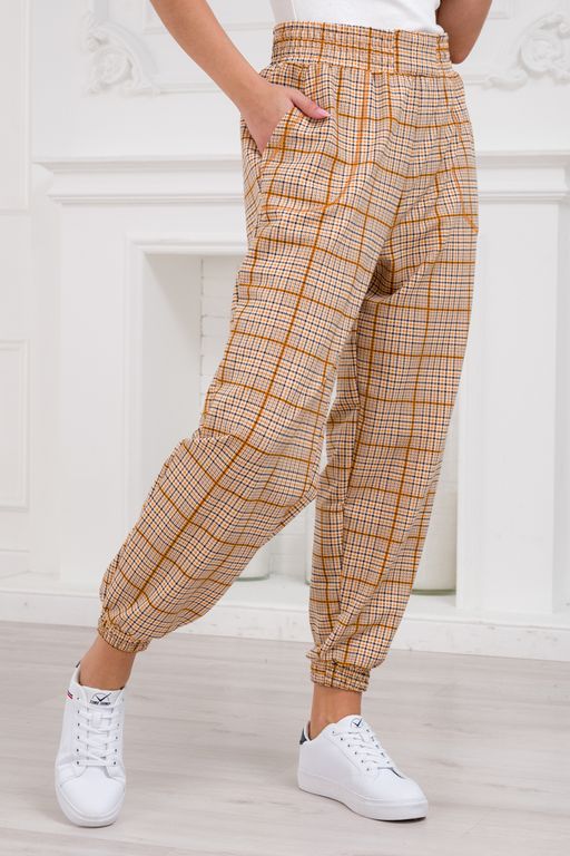 Брюки женские из футера Забава клетка горчица - Амадэль фото 4