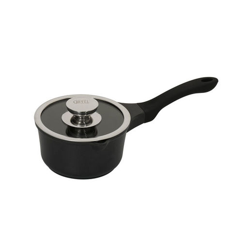 0143 GIPFEL Ковш RICHMOND 16х8,5см/1,5л из литого алюминия, со стеклянной крышкой, с индукционным дном, с двуслойным антипригарным покрытием Whitford Xylan plus, с бакелитовой ручкой с покрытием "Soft-touch". Толщина: 1,8/4,0мм. Цвет: черный