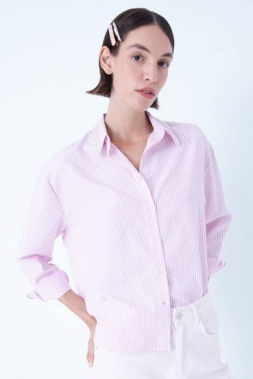 Oversize Genis Kal?p Cizgili Yaka Boncuklu Oxford Uzun Kollu Gomlek