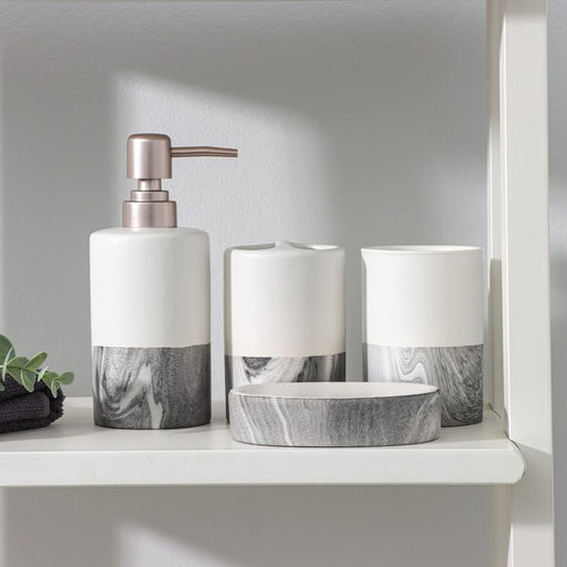 Аксессуары для ванной SAVANNA Stone gray, 4 предмета, дозатор для мыла 390 мл, 2 стакана, мыльница, белые