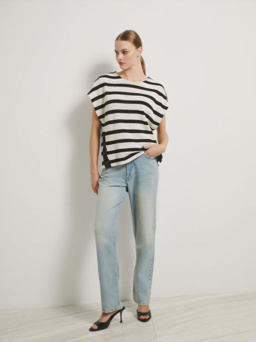 Bisiklet Yaka ?izgili Kad?n Triko S?veter