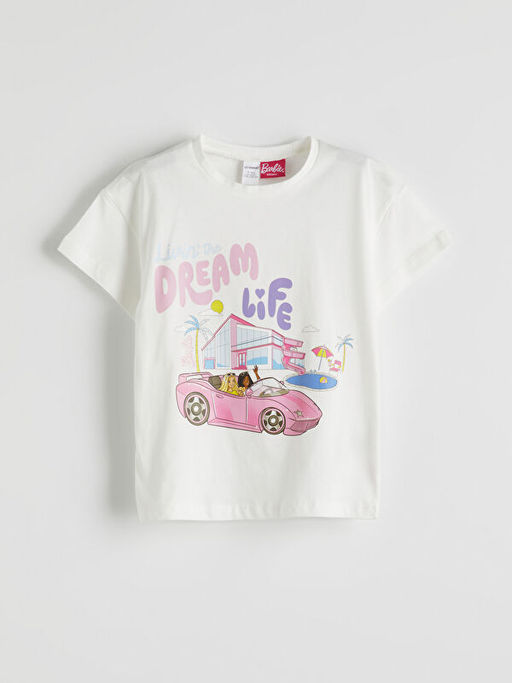 Bisiklet Yaka Barbie Bask?l? K?z ?ocuk Ti??rt