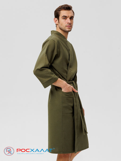 Мужской укороченный вафельный халат с планкой хаки В-05 (26)