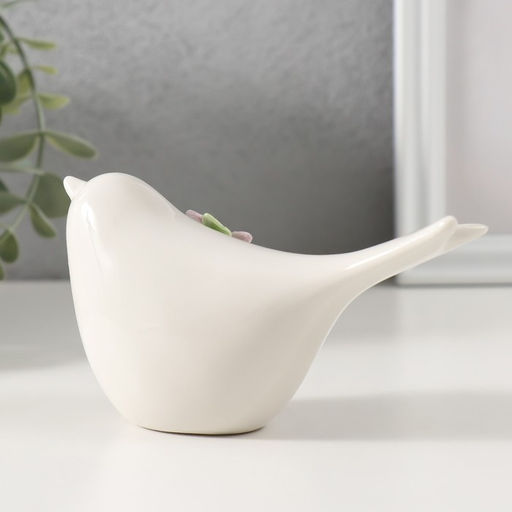 Фигурка керамика «Птичка белая с сиреневым цветком», 12.4×5×6.7 см