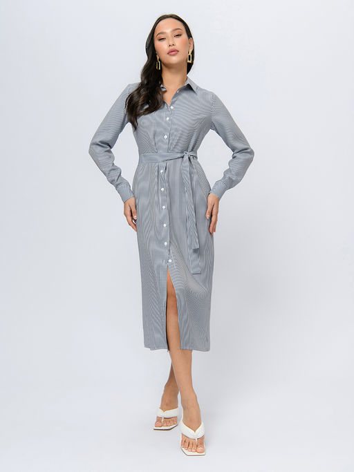 Платье белого цвета в полоску длины миди с длинными рукавами - 1001dress фото 2