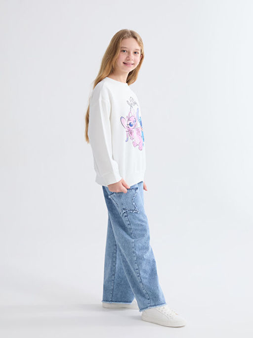 Bisiklet Yaka Stitch ve Angel Bask?l? K?z ?ocuk Sweatshirt