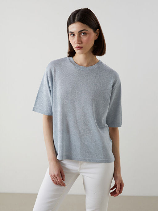 Bisiklet Yaka Parlak G?r?n?ml? Oversize Kad?n Triko Kazak