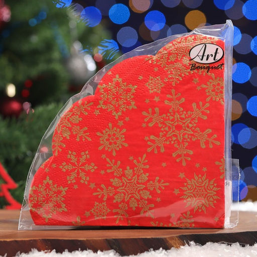 Цена за 2 шт. Салфетки новогодние бумажные круглые Art Bouquet Rondo Золотые снежинки на красном, 3 слоя, d=32 см, 12 шт.