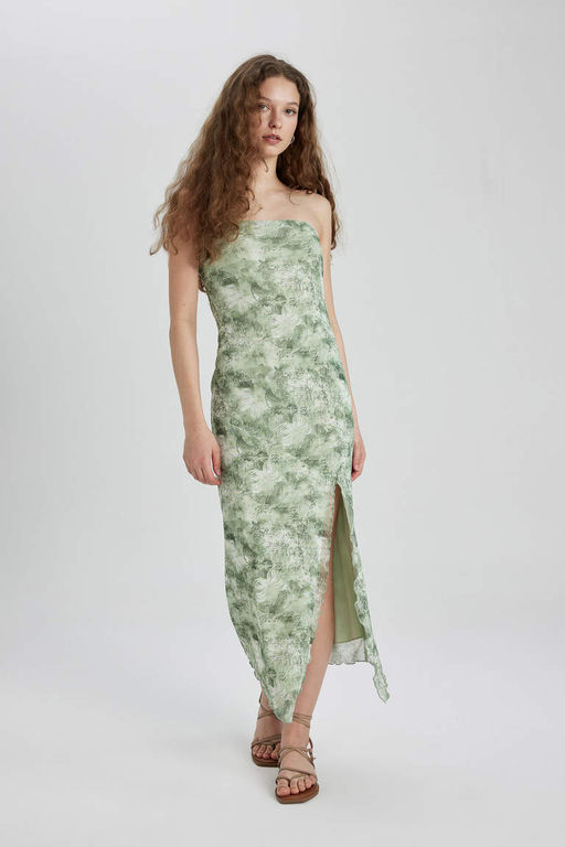 Платье миди из тюля без бретелек с разрезом и рисунком - Defacto фото 3