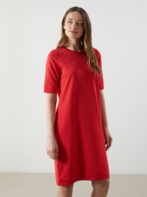 Bisiklet Yaka Boncuk ??lemeli Triko Elbise