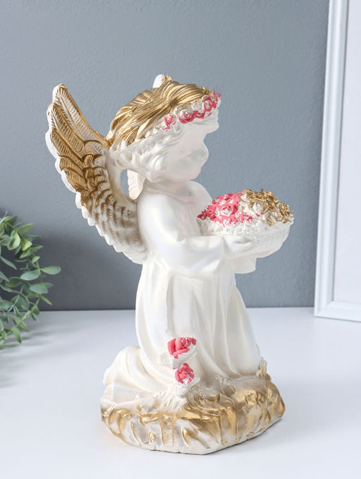 Фигура "Ангел с букетом" перламутр с золотом, 37х23х23 см